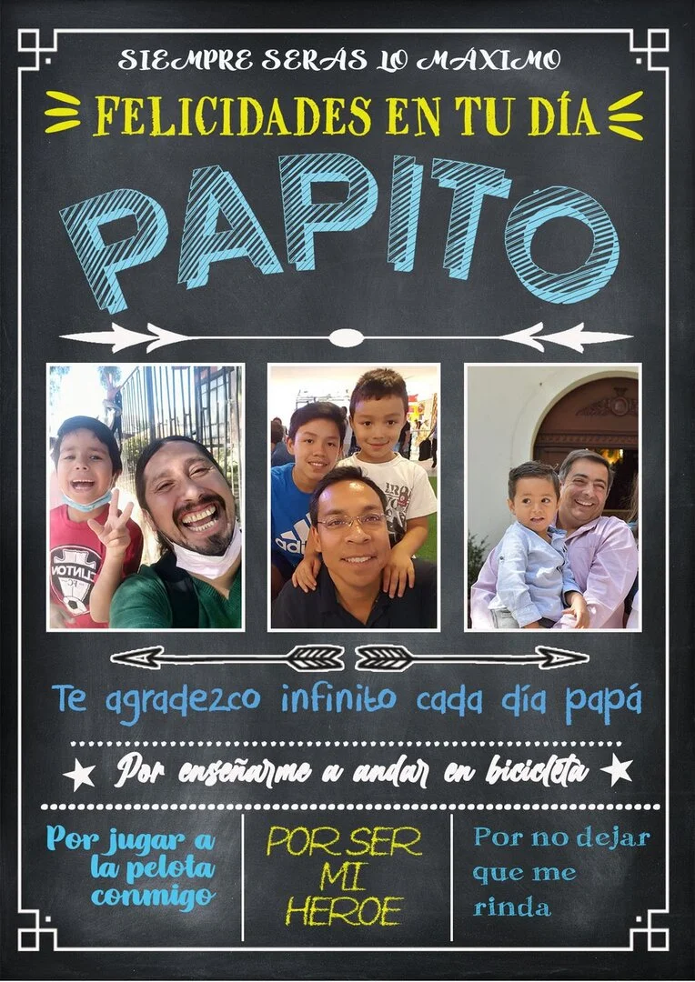 3 fotos de padres con sus hijos dispuestos horizontalmente, con un fondo pizarra y letras calipso, con un papito en grande