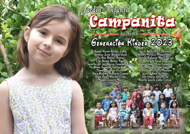 Cuadro de graduación tradicional para Kínder con fotografía individual y fotografía grupal del curso.