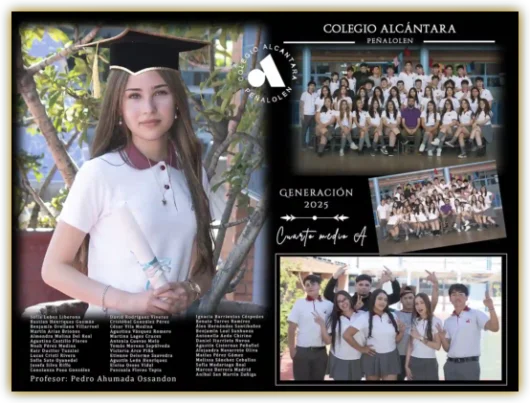 Alumna con birrete y diploma de licenciatura con foto de mejores amigos
