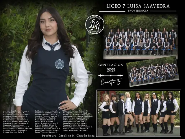 Fotografía de alumna principal, foto de mejores amigos, y fotos del curso ordenada y desordenada con fondo negro y letras blancas