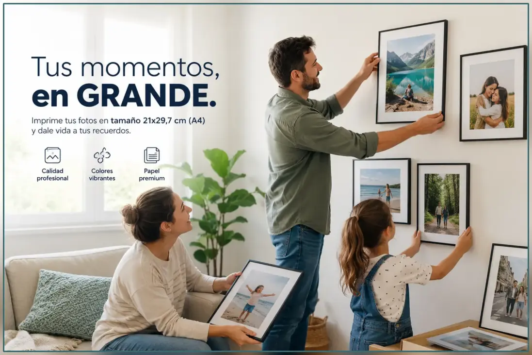Familia colocando cuadros en una pared