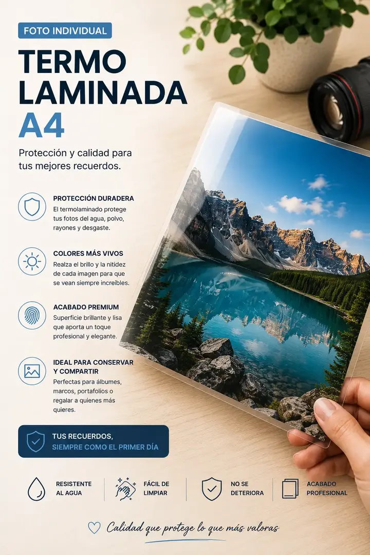 Foto con plastificado de un paisaje en una mesa