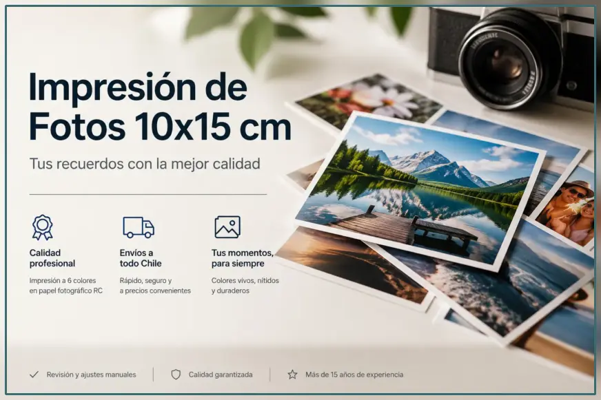 Fotos sobre una mesa de tamaño 10x15 cm con borde blanco, de fondo una cámara fotográfica 