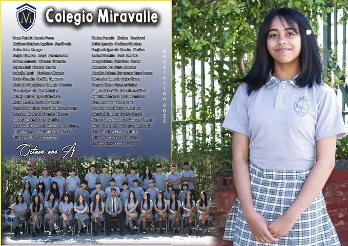 Fotografía de alumna principal y fotos del curso ordenada y desordenada con fondo natural del colegio y letras blancas