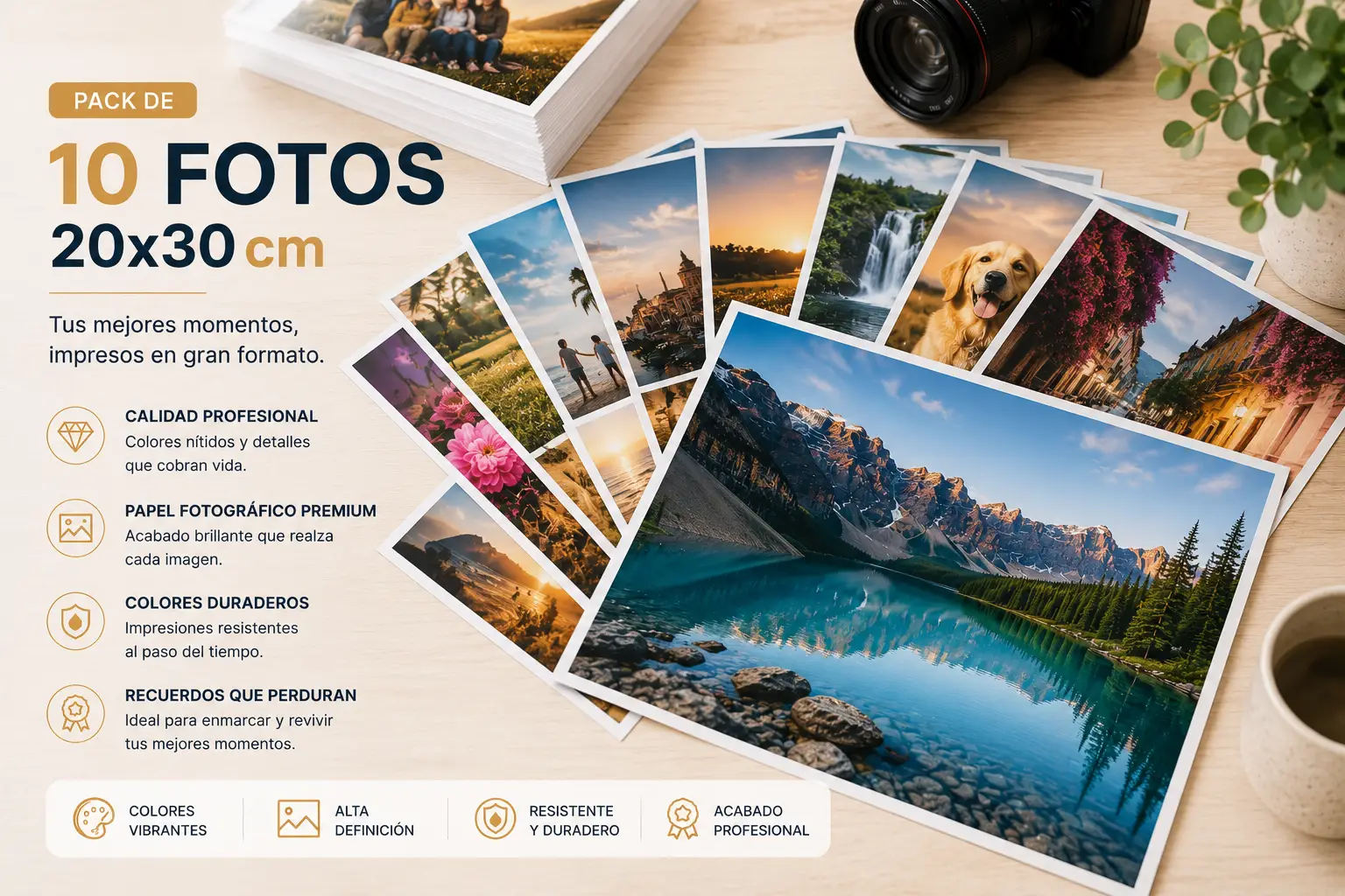 pack de fotos sobre mesa, una cámara se asoma