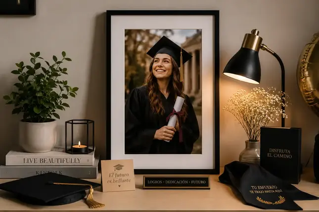 Cuadros de Graduación Personalizados Cuadro de graduación personalizado con fotografía profesional de titulada, ideal para conservar y exhibir un logro académico importante.