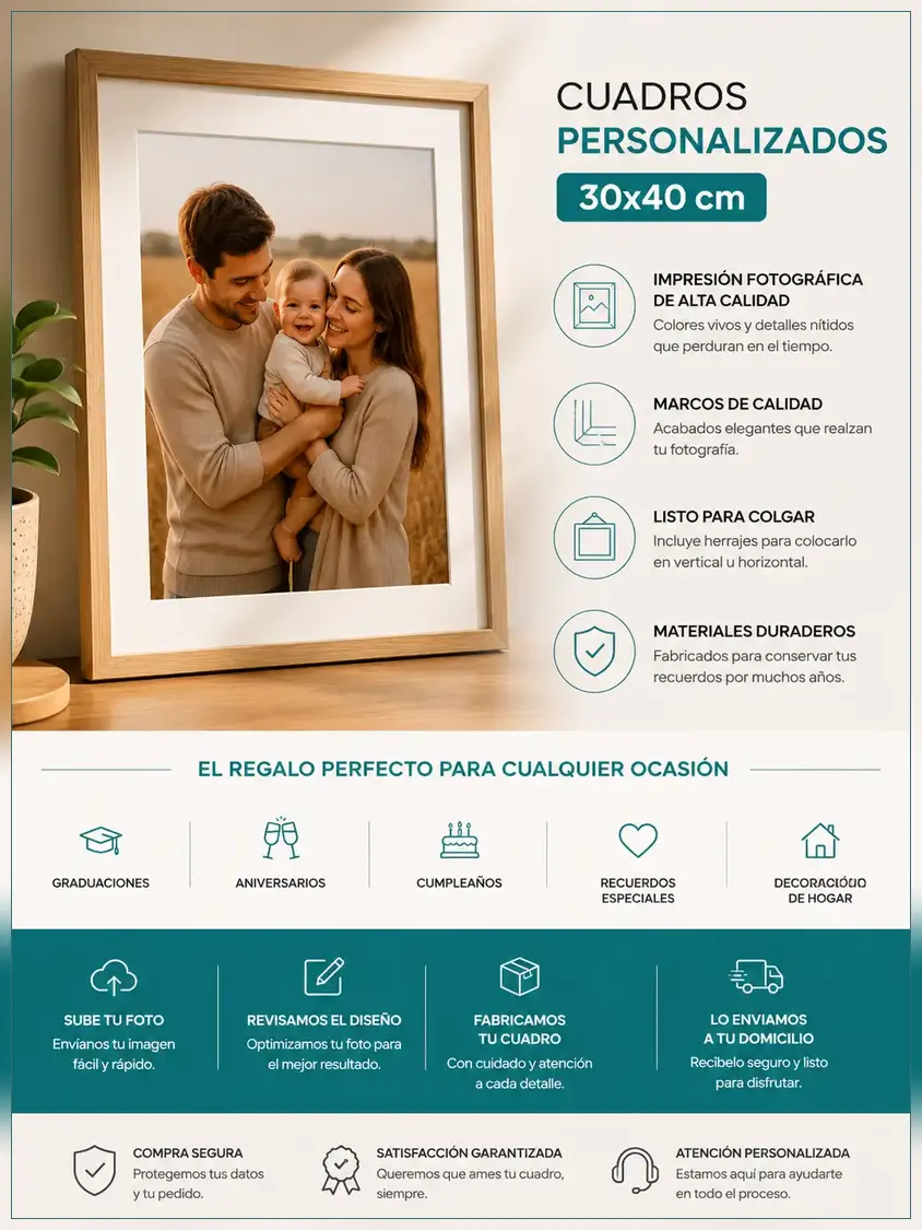 Cuadro personalizado 30x40 cm con fotografía impresa en alta calidad y marco elegante listo para decorar o regalar.