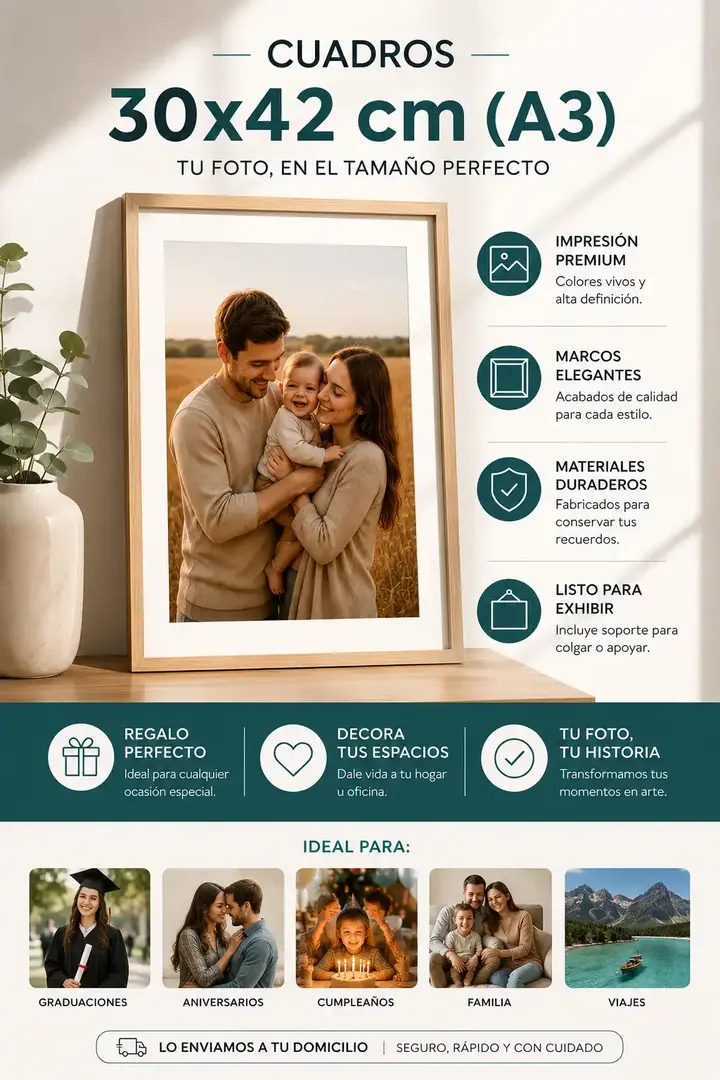 Cuadro personalizado tamaño A3 con fotografía incluida, impresión profesional y marco elegante para decoración y regalos.