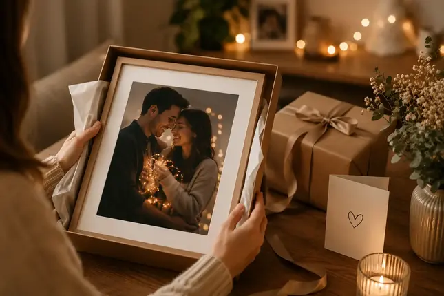 Cuadro personalizado con fotografía presentado como regalo especial en una elegante caja de regalo, ideal para aniversarios, cumpleaños y ocasiones memorables.