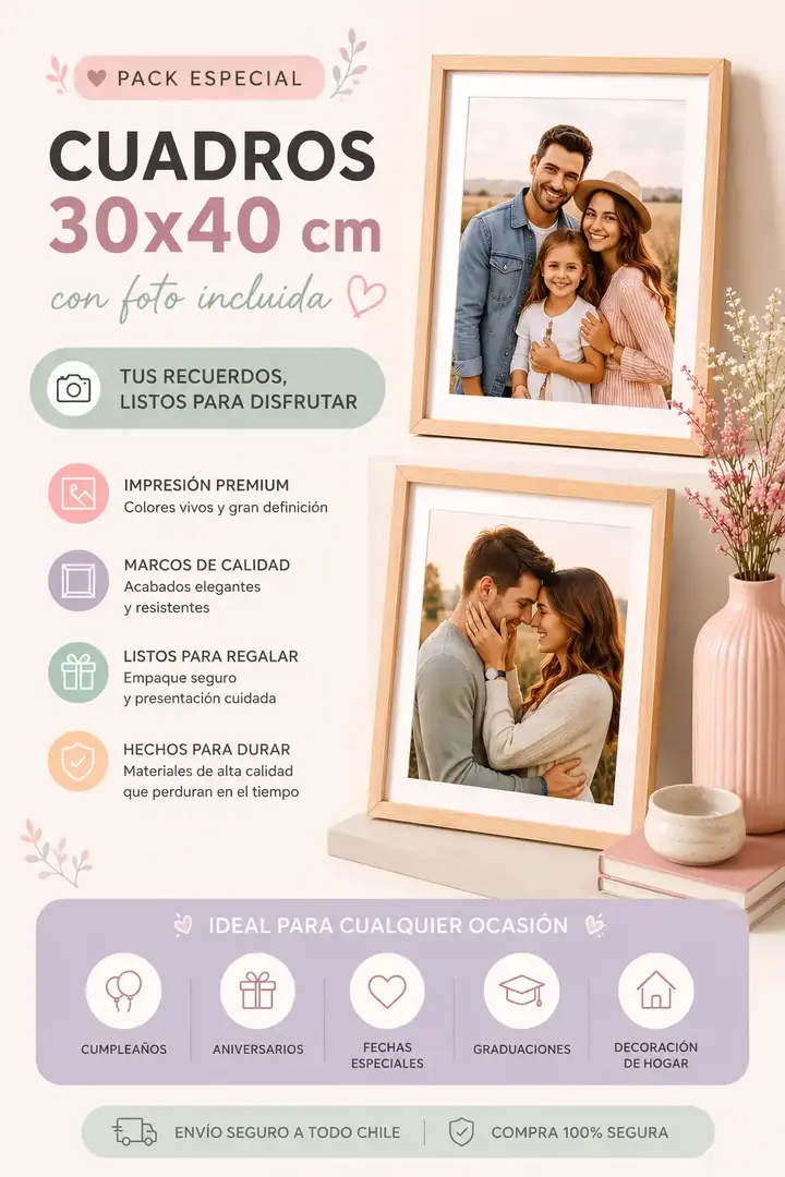 Cuadros personalizados 30x40 cm con foto incluida, impresión premium y marcos de calidad en tonos pastel para decoración y regalos.