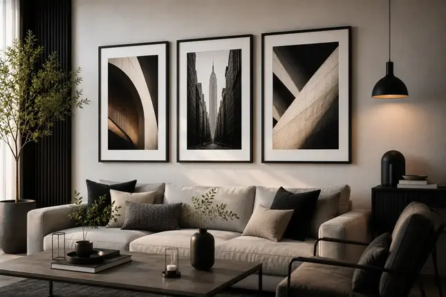 Cuadros para Decoración Moderna Sala de estar moderna decorada con cuadros de diseño contemporáneo en formato 30x40 cm y A3, ideales para espacios elegantes y minimalistas.