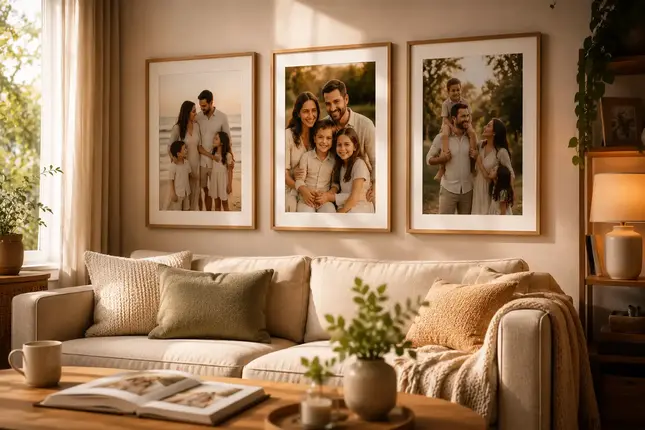 Fotografías Familiares en Cuadros Personalizados Cuadros personalizados con fotografías familiares decorando un espacio acogedor y lleno de recuerdos especiales.