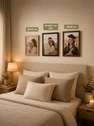 Dormitorio decorado con cuadros personalizados tamaños 20x25 cm, 20x30 cm y 21x29,7 cm A4 sobre cabecera de cama en ambiente cálido y moderno