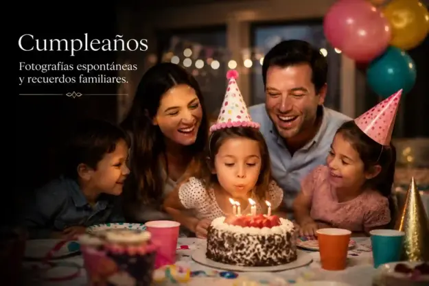 Fotografía profesional de cumpleaños familiar con niños y torta en celebración interior.