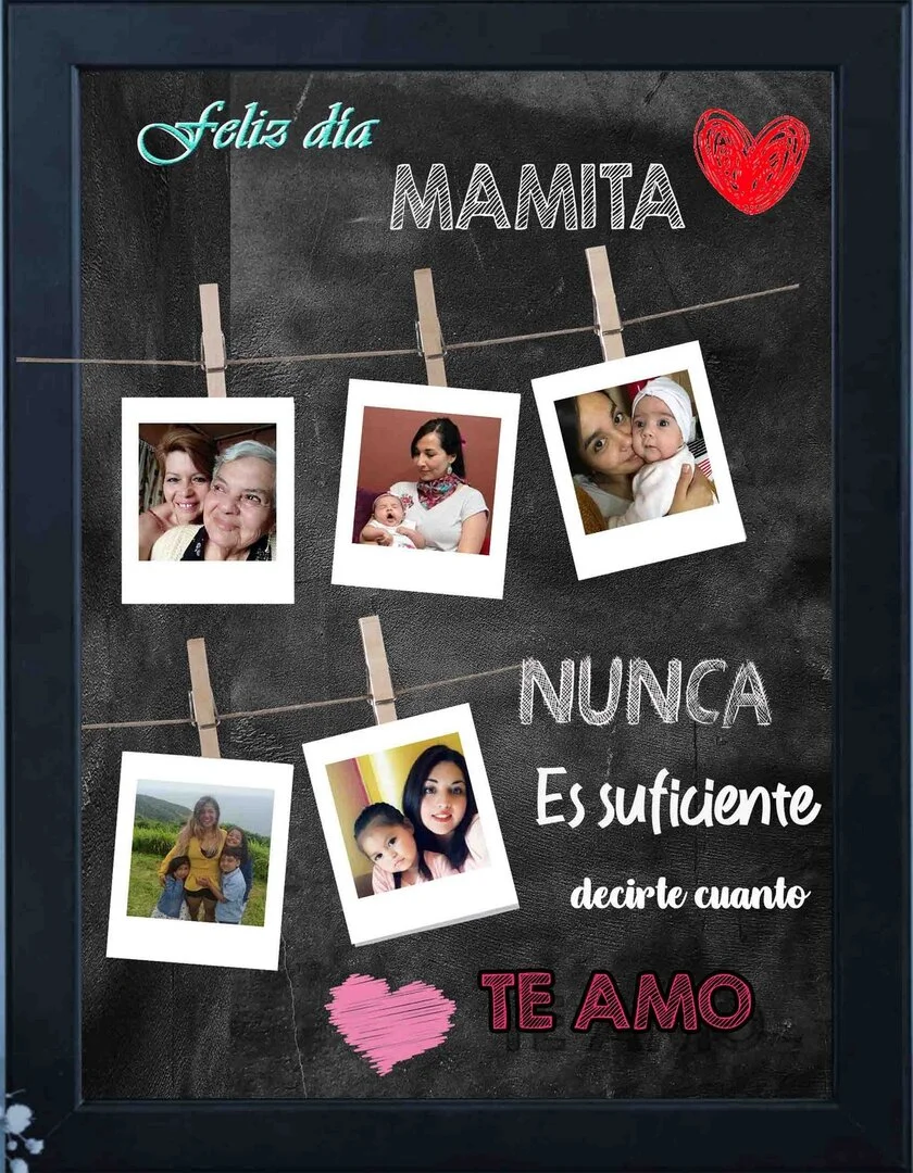 Fotos de madres estilopolaroid colgadas con un fondo de pizarra y un mensaje alusivo