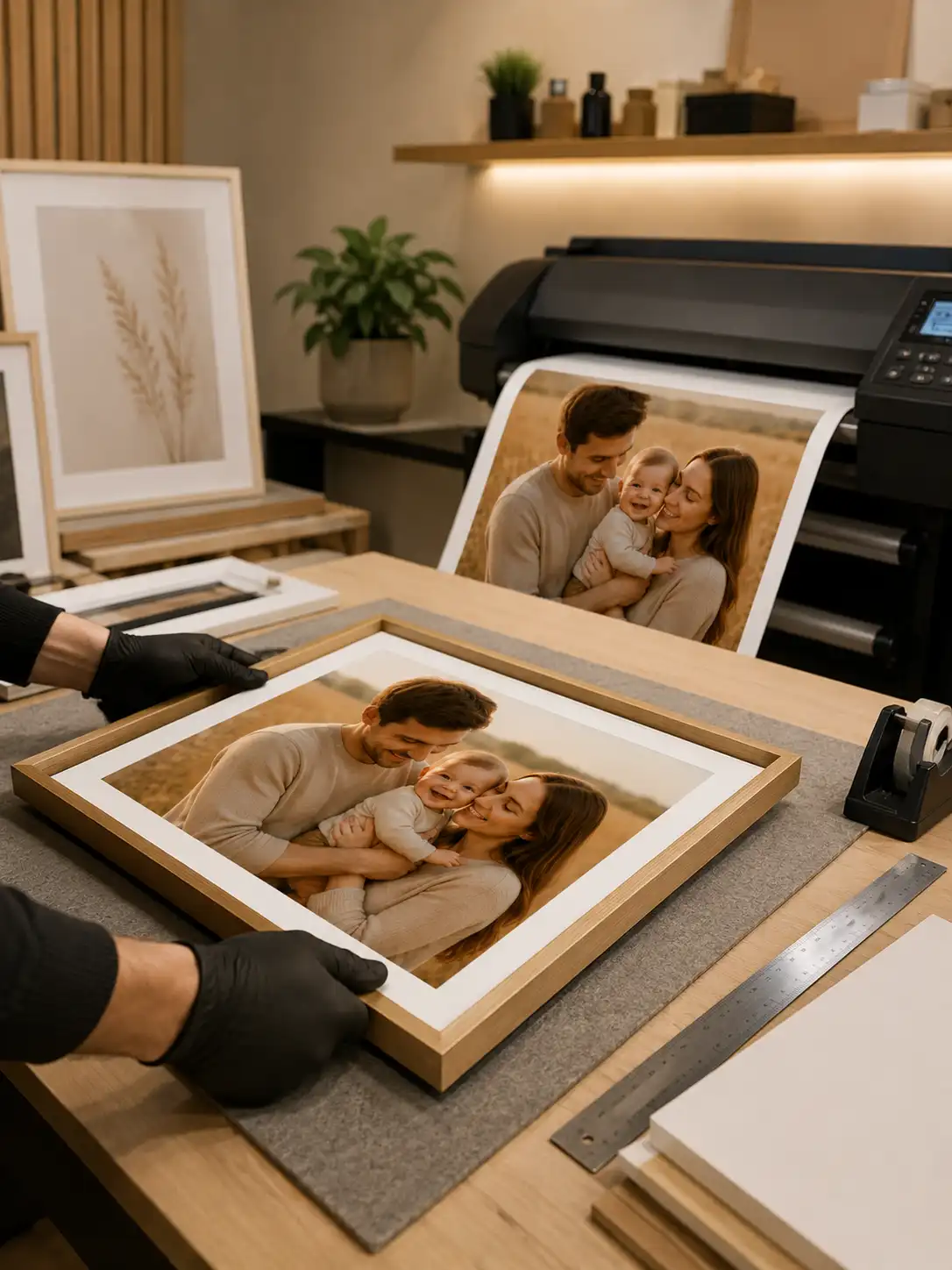 Proceso de fabricación de un cuadro personalizado con impresión fotográfica profesional y montaje artesanal en marco de madera.