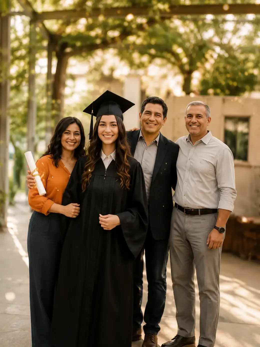 Familia posando junto a estudiante graduada con toga y diploma en sesión fotográfica al aire libre con luz natural cálida.