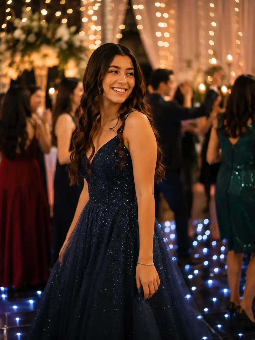 Estudiante disfrutando su fiesta de gala de graduación con vestido elegante y luces cálidas en ambiente festivo.