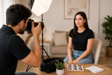 Fotógrafo realizando sesión de foto carnet a domicilio con entrega inmediata.