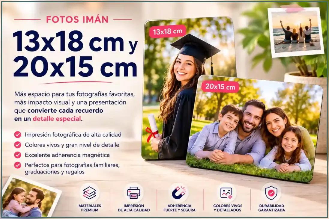 Fotos imán personalizadas en tamaños 13x18 cm y 20x15 cm con impresión fotográfica de alta calidad.