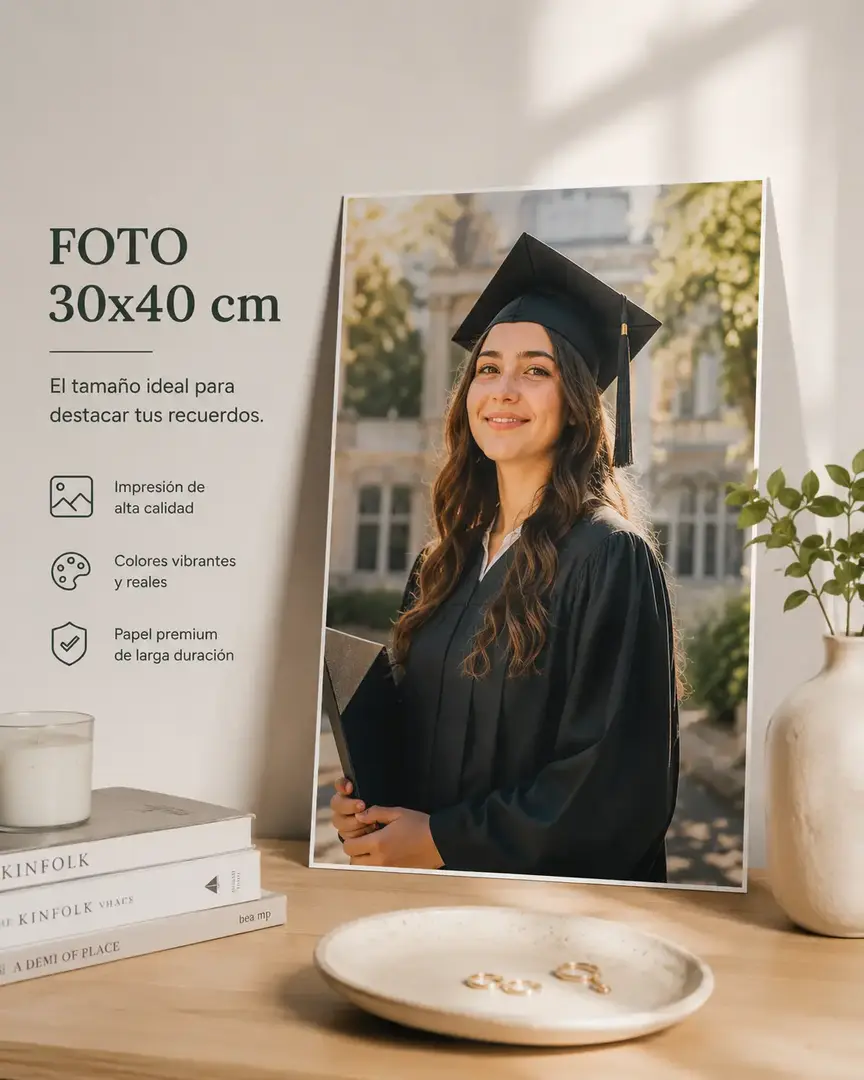Fotografía de graduación impresa en tamaño 30x40 cm con acabado profesional y colores cálidos