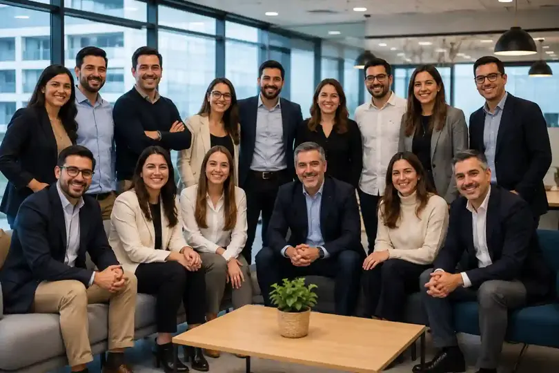 Recuerdo de reunión por logros de la empresa, grupo de empleados sentados en el lobby de la oficina