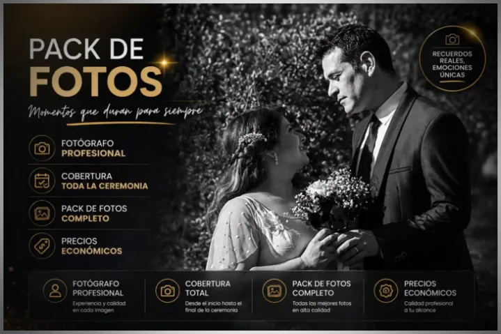 Pack de fotografía para matrimonios con fotógrafo profesional y cobertura completa de ceremonia.