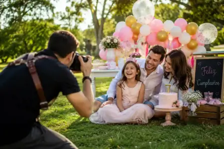 Fotógrafo profesional capturando cumpleaños infantil al aire libre con decoración y familia.