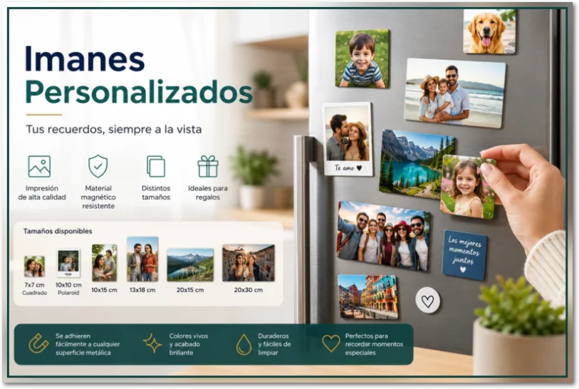 Imanes personalizados con fotografías familiares exhibidos sobre un refrigerador moderno, disponibles en distintos tamaños y con impresión fotográfica de alta calidad.