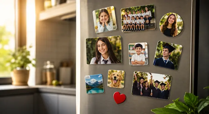 Fotos imantadas personalizadas colocadas en un refrigerador, ideales para conservar recuerdos familiares, fotografías escolares y momentos especiales.