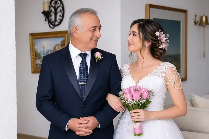 Padre llevando al altar a novio con ramo en su mano, una de las fotos de nuestro servicio