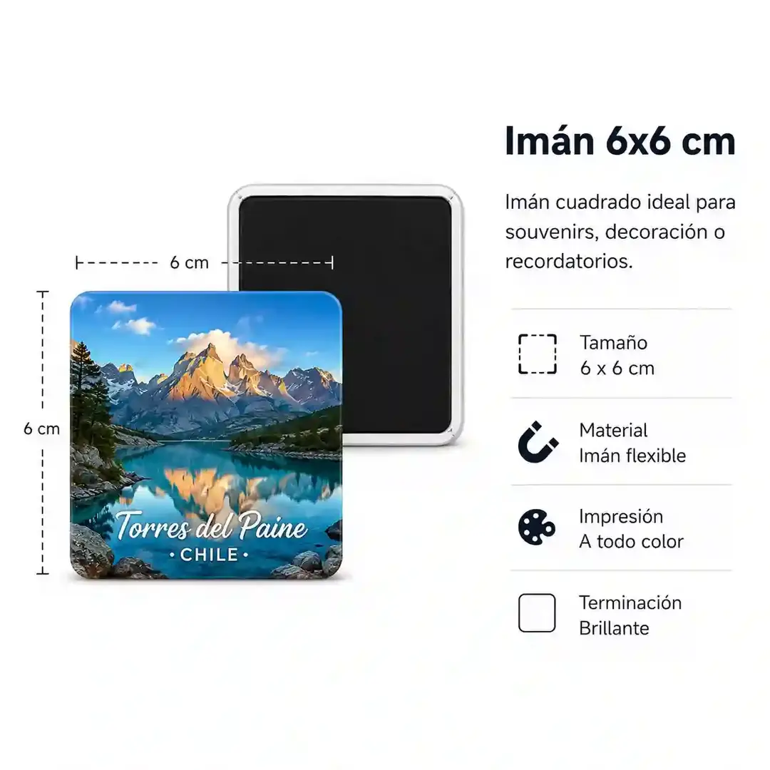 Imán fotográfico personalizado de 6x6 cm con impresión a color y acabado brillante para recuerdos, graduaciones, eventos y regalos personalizados.