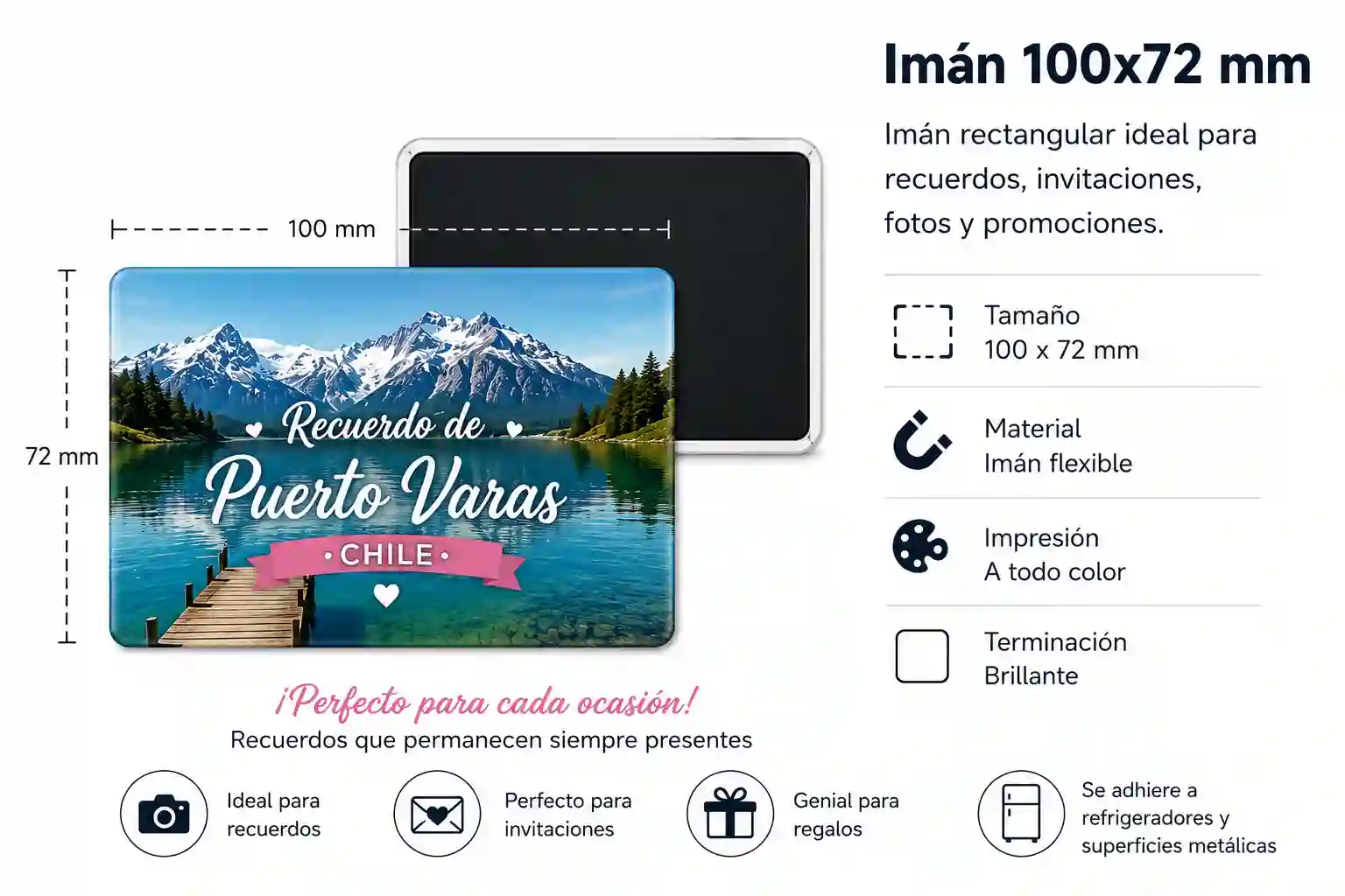 Imán para refrigerador rectangular de 100x72 mm personalizado con fotografía e impresión a todo color, ideal para recuerdos, invitaciones, eventos y regalos personalizados.