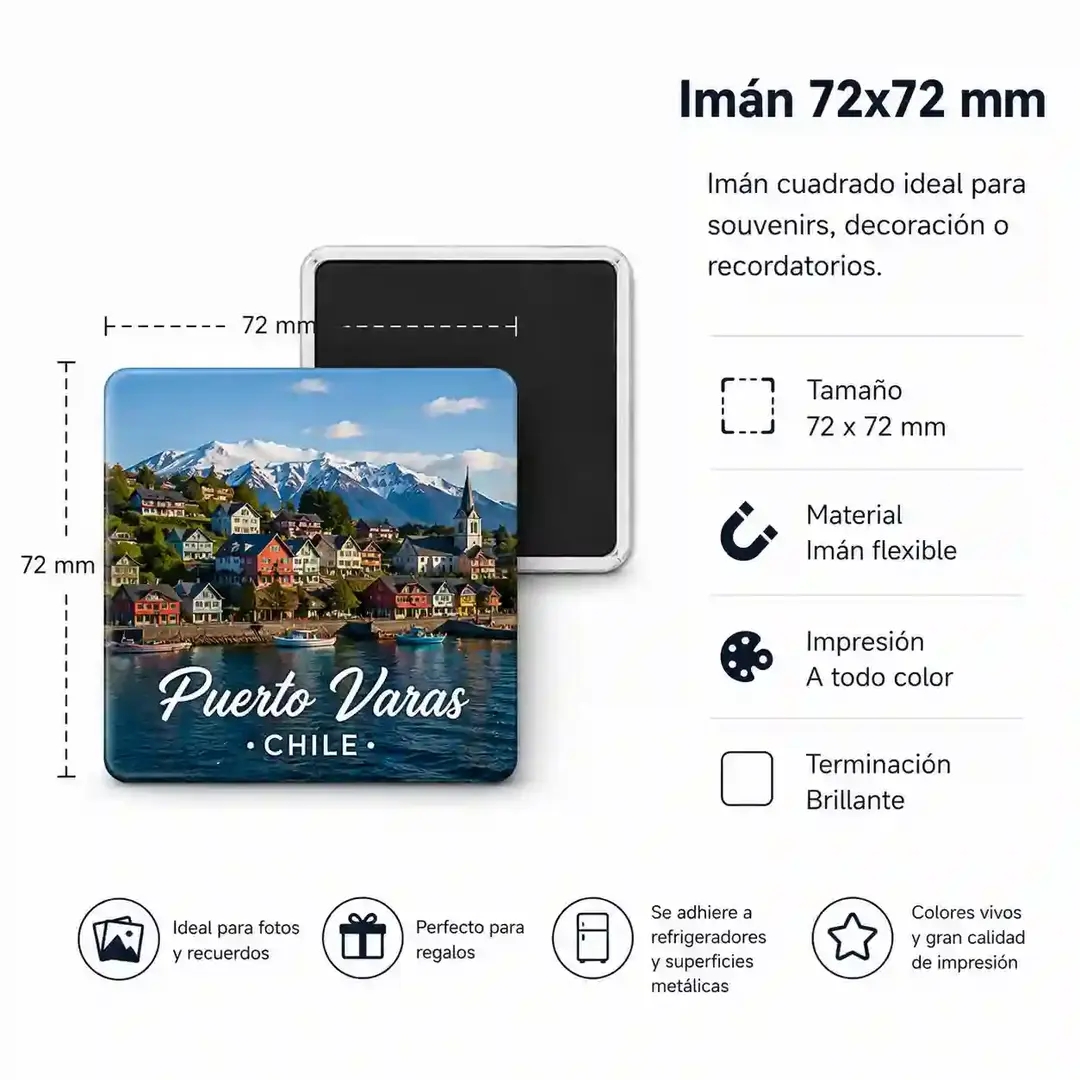 Imán para refrigerador personalizado de 72x72 mm con impresión fotográfica a todo color, ideal para recuerdos, regalos y eventos especiales.