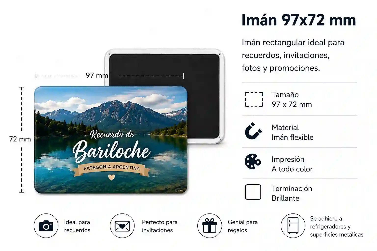 Imán para refrigerador rectangular de 97x72 mm personalizado con fotografía e impresión a todo color, ideal para recuerdos, invitaciones y regalos personalizados.