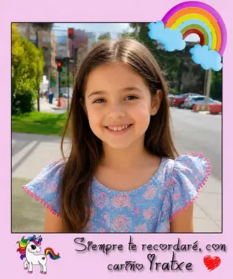 Imán personalizado infantil con fotografía de niña, diseño de unicornio, arcoíris y mensaje de recuerdo.