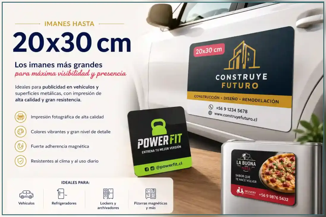 Imanes publicitarios de gran formato 20x30 cm instalados en vehículos y superficies metálicas para promoción de marcas.