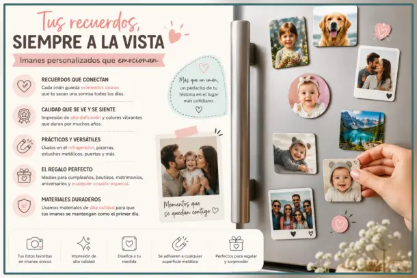 Imanes para el refrigerador personalizados con fotografías familiares, viajes, mascotas y momentos especiales exhibidos en una cocina moderna.