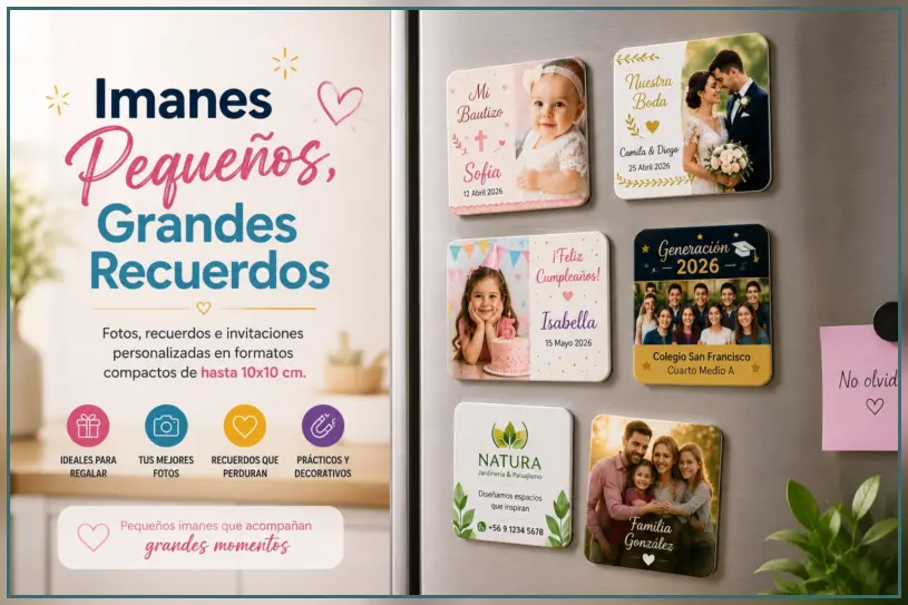 Imanes pequeños personalizados de hasta 10x10 cm para bautizos, cumpleaños, graduaciones, publicidad y fotografías familiares colocados sobre un refrigerador metálico.