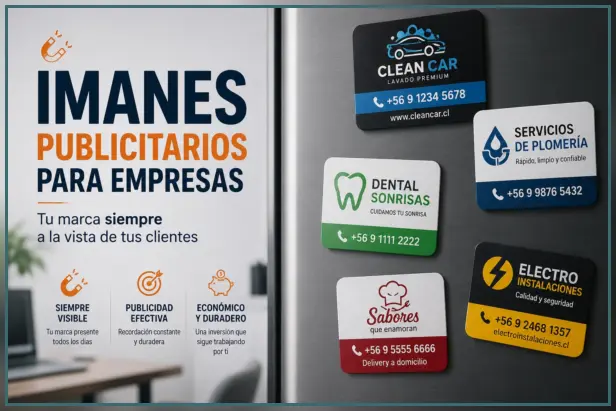 Imanes publicitarios para empresas personalizados con logo, datos de contacto y diseño corporativo para promoción de negocios.