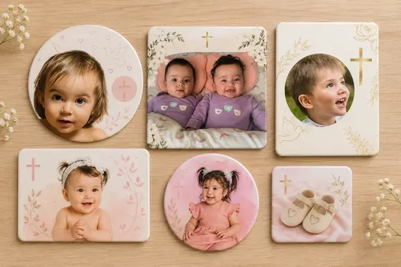 Imanes de recuerdo para bautizo personalizados con fotografías, diseños religiosos y acabados elegantes.