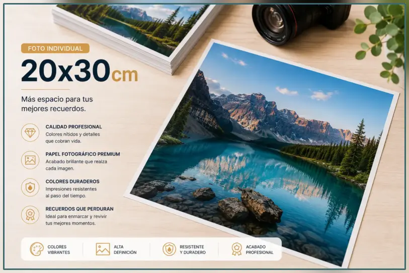 Fotogafía de lago y de fondo una montaña, en impresión 20x30 cm sobre una mesa de color suave