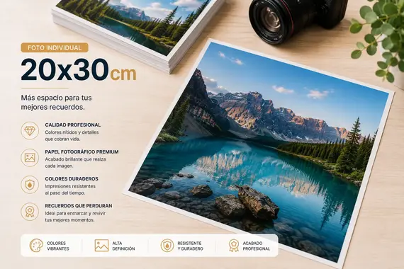 Foto de paisaje en una impresión de 20x30 cm sobre una mesa beige, se alcanza a ver una cámara fotográfica 