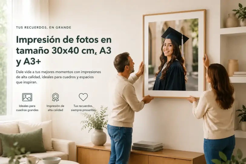 Familia colocando fotografía de graduación en cuadro grande tamaño A3 en una sala moderna y luminosa