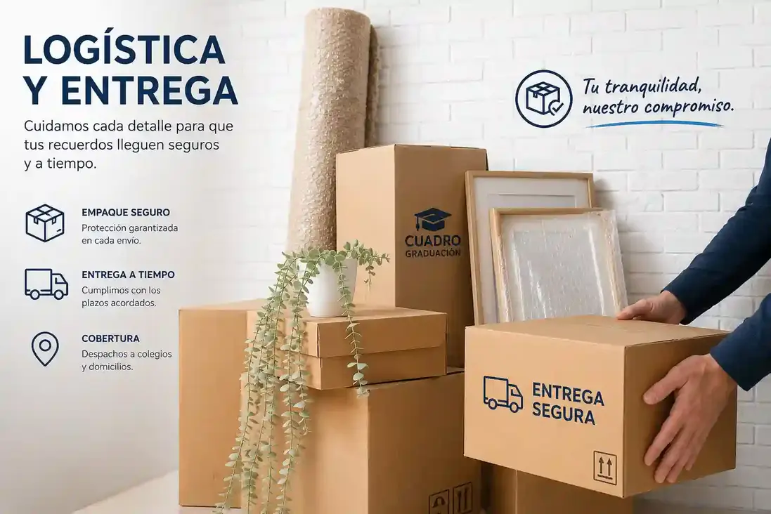 Proceso de logística y entrega segura de cuadros de graduación con embalaje profesional y despacho coordinado.