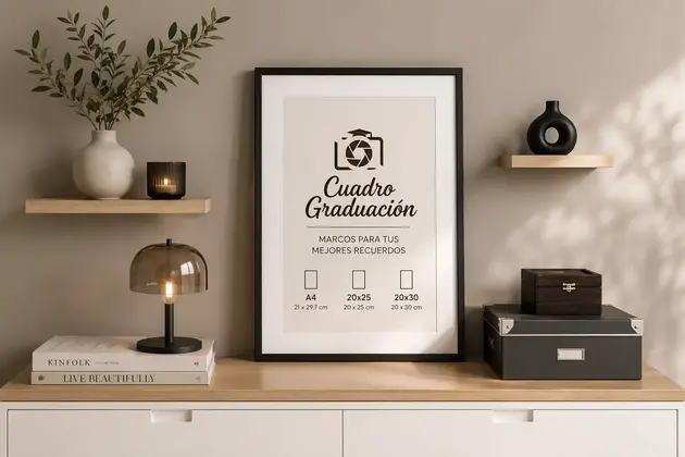 Marco decorativo para fotos tamaño A4, 20x25 y 20x30 cm en ambiente moderno y elegante.