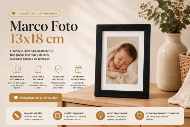Marco foto 13x18 cm color negro con fotografía de bebé en ambiente decorativo moderno y elegante