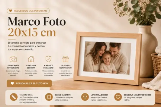 Marco foto 20x15 cm personalizado con fotografía familiar en ambiente decorativo moderno y elegante