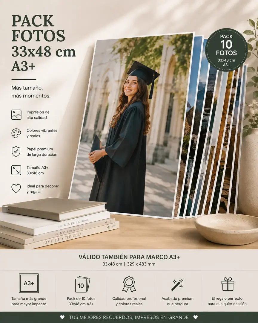 Pack de 10 fotografías impresas tamaño A3+ 33x48 cm con calidad premium y acabado profesional
