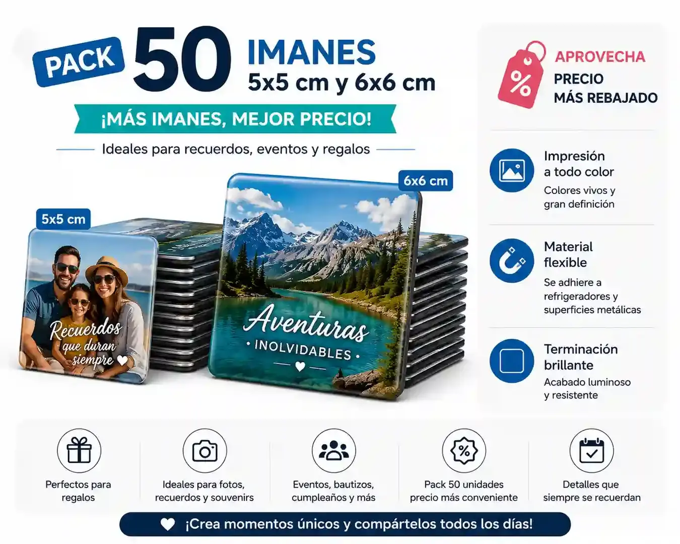 Pack de 50 imanes personalizados de 5x5 cm y 6x6 cm con impresión fotográfica a todo color, ideal para recuerdos, eventos, regalos e invitaciones con precio por volumen.